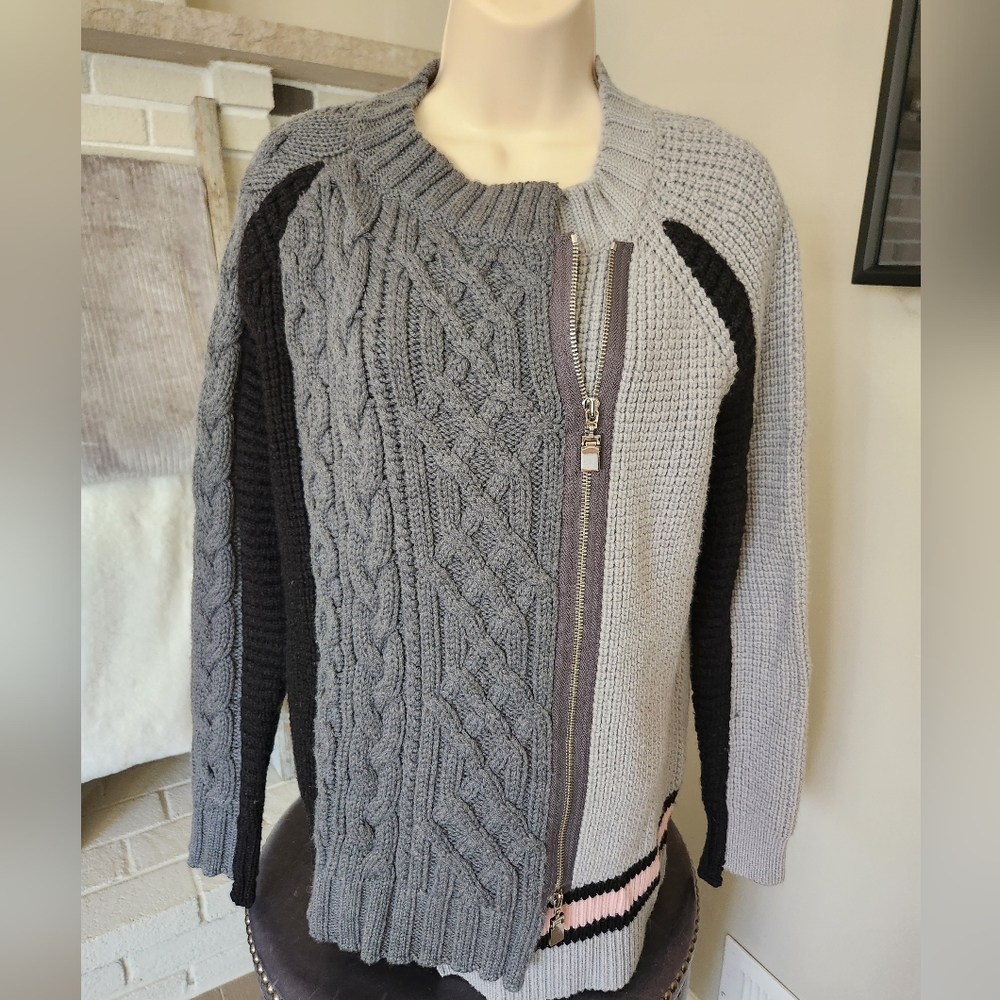 W by Worth Wool Cable Knit Sweater Asymmetrical Zip Gray Colorblock